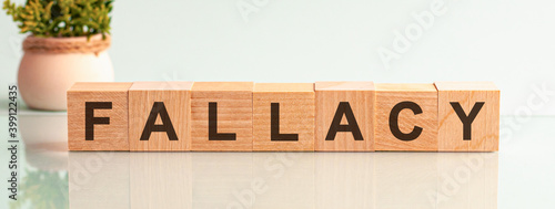 Fallacy motivation text on wooden blocks business concept white background. Front view concepts, flower in the background.