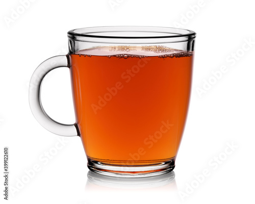 Transparent cup of tea isolated on white background.
