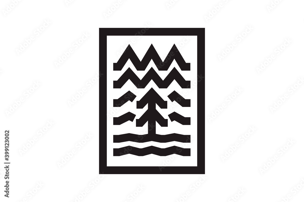 Geometric badge with mountains, river and tree Geometric badge with mountains, river and tree