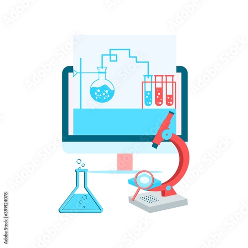 Vaccination vector illustration concept. 3D Vaccine laboratory, vaccine research, pharmaceutical instrument, microbiology magnifying tool, medical research. Premium quality. Modern flat design graphic