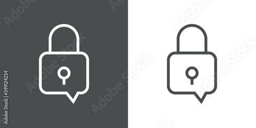 Conversación segura. Logotipo candado como burbuja de habla con lineas en fondo gris y fondo blanco	