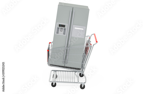 Double door fridge inside shopping cart, 3D rendering