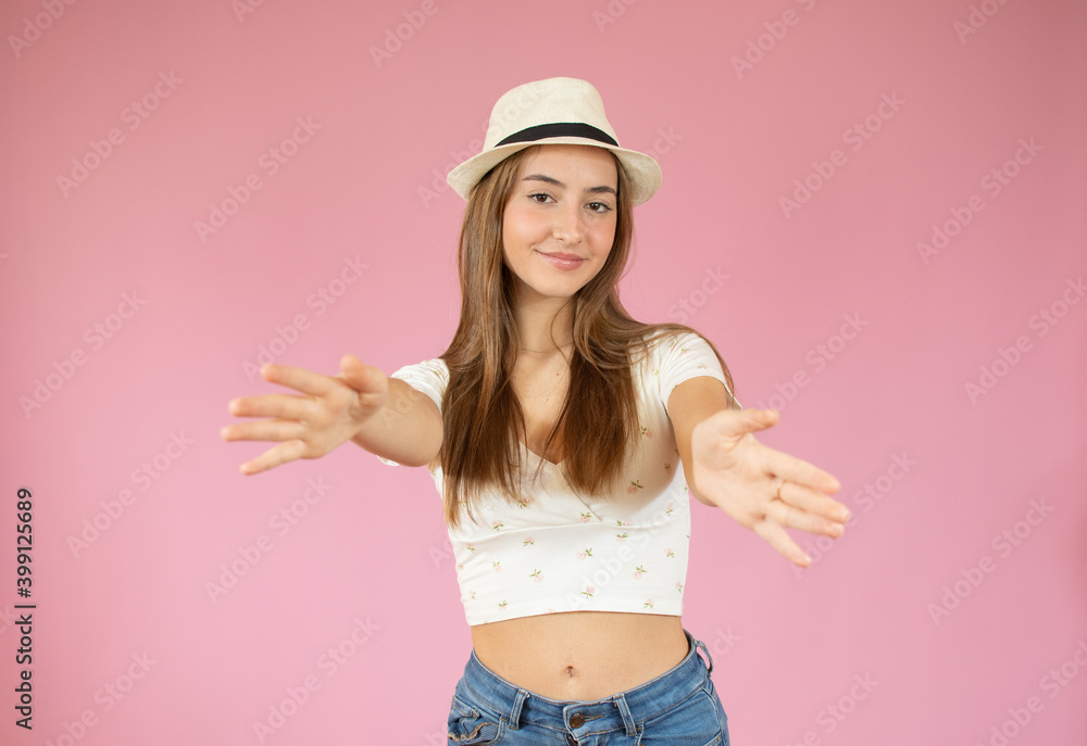 smile teenage excited girl raised up palms arms hands at you, isolated over pink background concept of freedom happy student, young pretty woman asking us to come up hug smile teenage excited girl raised up palms arms hands at you, isolated over pink background concept of freedom happy student, young pretty woman asking us to come up hug