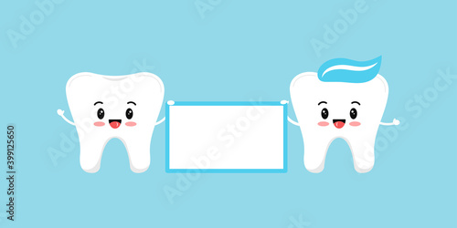 Cute teeth holds banner board isolated on blue background. Flat cute design tooth boys dental emoticon. Vector cartoon style dentistry characters illustration. 