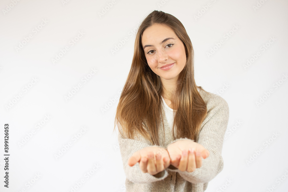 Beautiful young woman Beckoning come here gesture with hands inviting happy and smiling Beautiful young woman Beckoning come here gesture with hands inviting happy and smiling