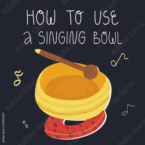  Healing therapy banner on black background. How to use a singing bowl hand lettering, wooden kansa wand and cushion.