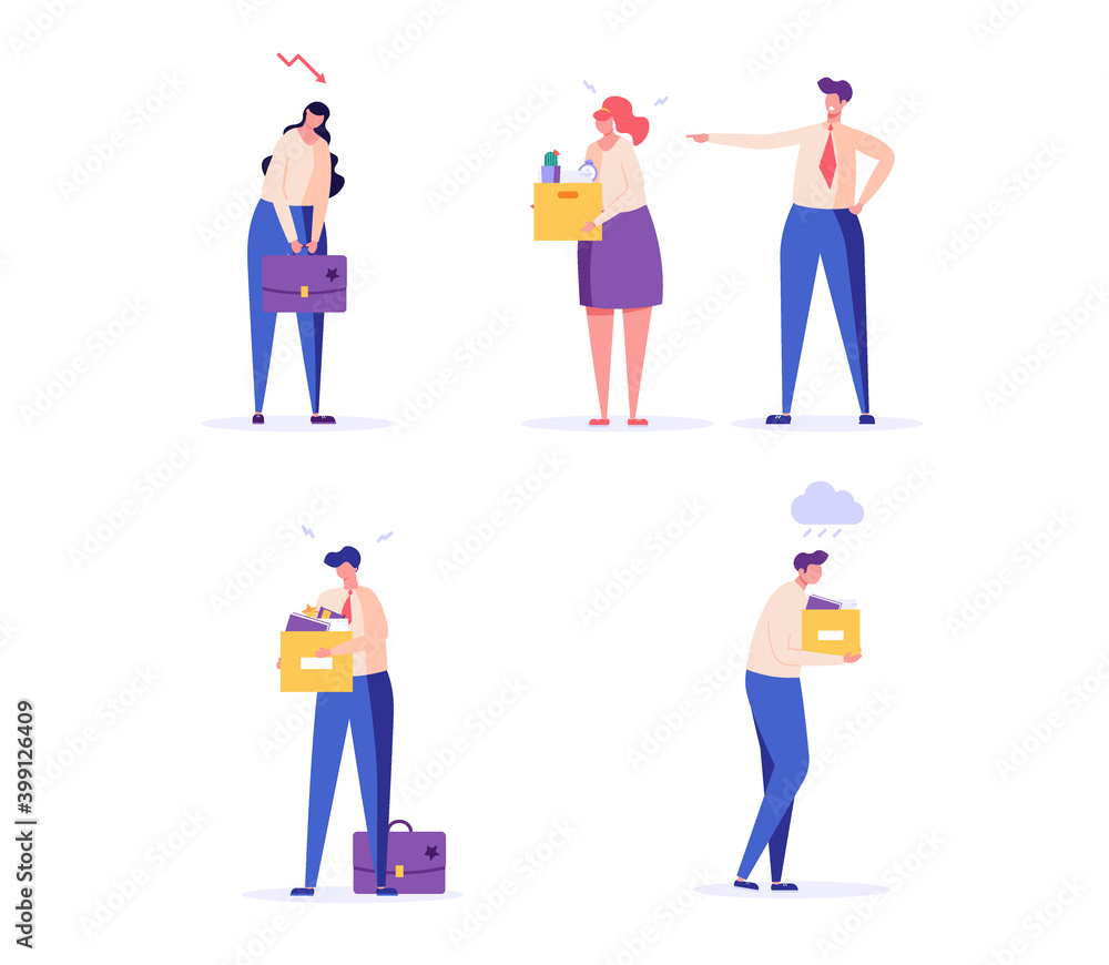 Woman and man standing with a case and box, firing from job. Concept of unemployment, fired, work conflict, dismissal, professional burnout, unsuccessful career. Vector illustration in flat design