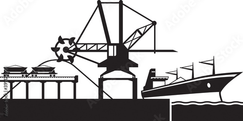 Crane loading industrial ship with ore – vector illustration