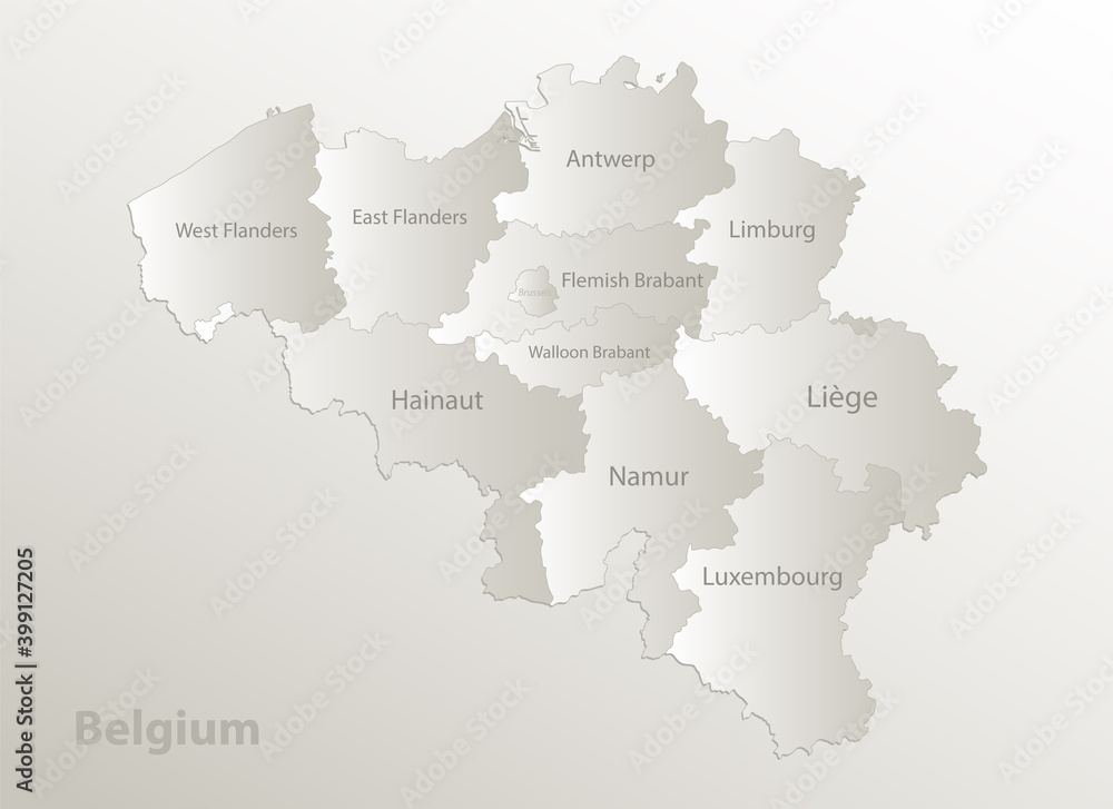 Belgium map, administrative division, separates regions and names individual region, card paper 3D natural vector