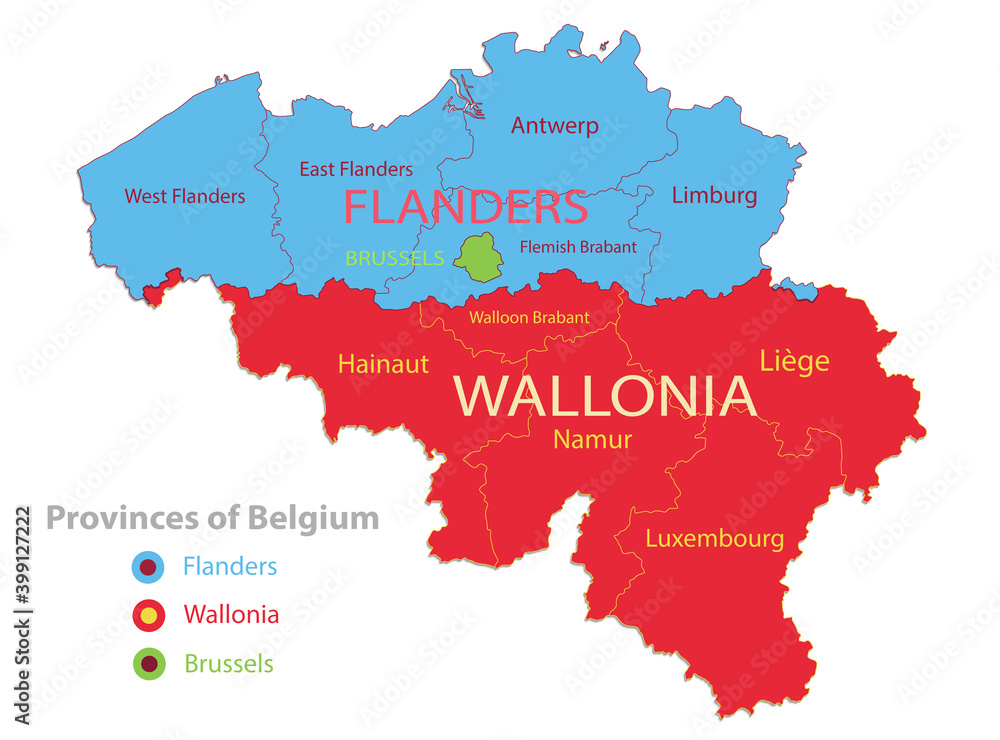 Belgium map, individual regions and provinces  with names vector
