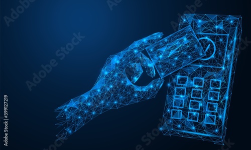 POS-terminal. Contactless payment by Bank credit card using NFC. Polygonal construction of concatenated lines and points. Blue background.