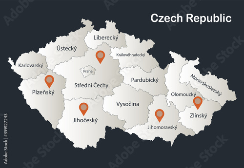 Czech Republic  map, Infographics flat design colors snow white, with names of individual regions vector