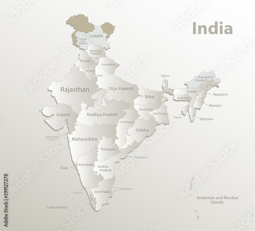 India map, administrative division, separate regions with names of individual regions, new map of division year 2020, card paper 3D natural vector