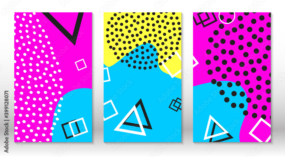 Set of doodle fun patterns. Hipster style 80s-90s. Memphis elements. Fluid pink, blue, yellow colors.
