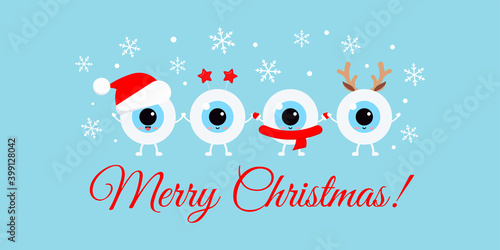 Cute eyeball with xmas accessories on optician Merry Christmas greeting card. White happy winter eye character in santa hat with deer horns photo props. Flat design cartoon style vector illustration.
