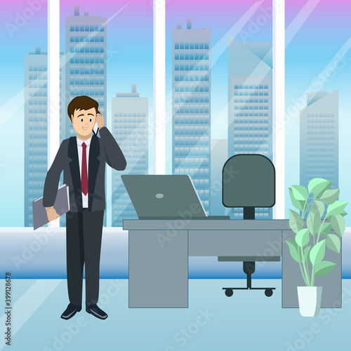 Respectable businessman talking on the phone in a modern office. Vector illustration in flat style.