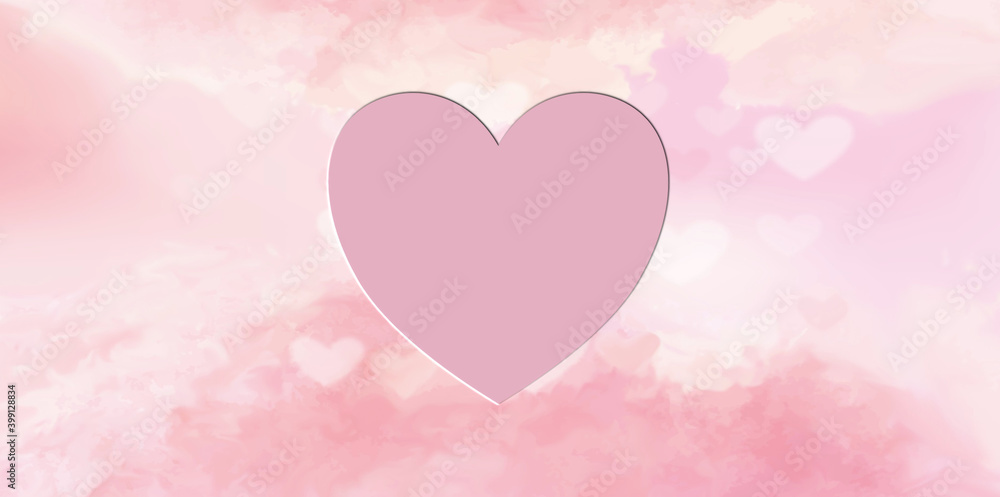 Pink heart isolated on pink blurry background. Happy Valentines and Mothers Day. Mixed media. Poster, flyer, greeting card, header for website.