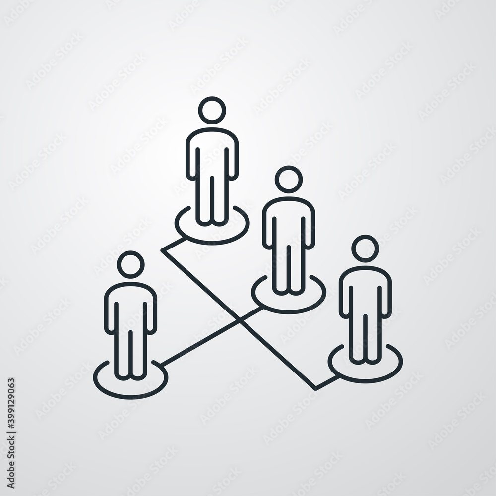 Símbolo organización. Icono plano grupo de personas en diagrama de flujo en perspectiva con lineas en fondo gris Símbolo organización. Icono plano grupo de personas en diagrama de flujo en perspectiva con lineas en fondo gris