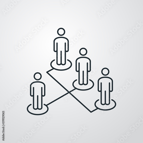 Símbolo organización. Icono plano grupo de personas en diagrama de flujo en perspectiva con lineas en fondo gris
