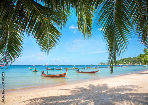 Tropical beach with coconut palm and longtail boat