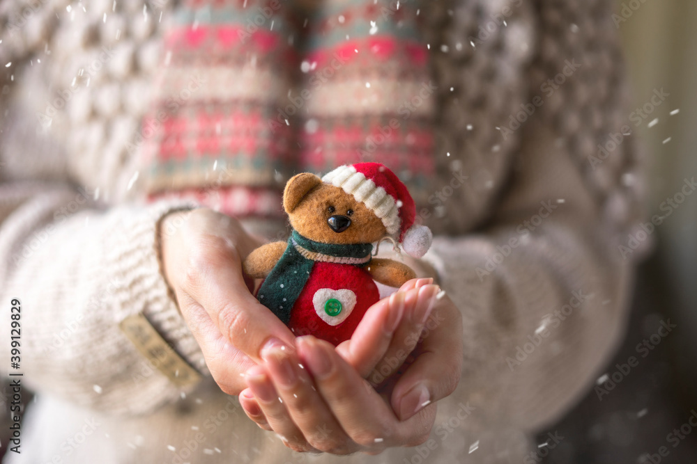 Women's hands hold the New Year's symbol - a toyteddy bear santa.