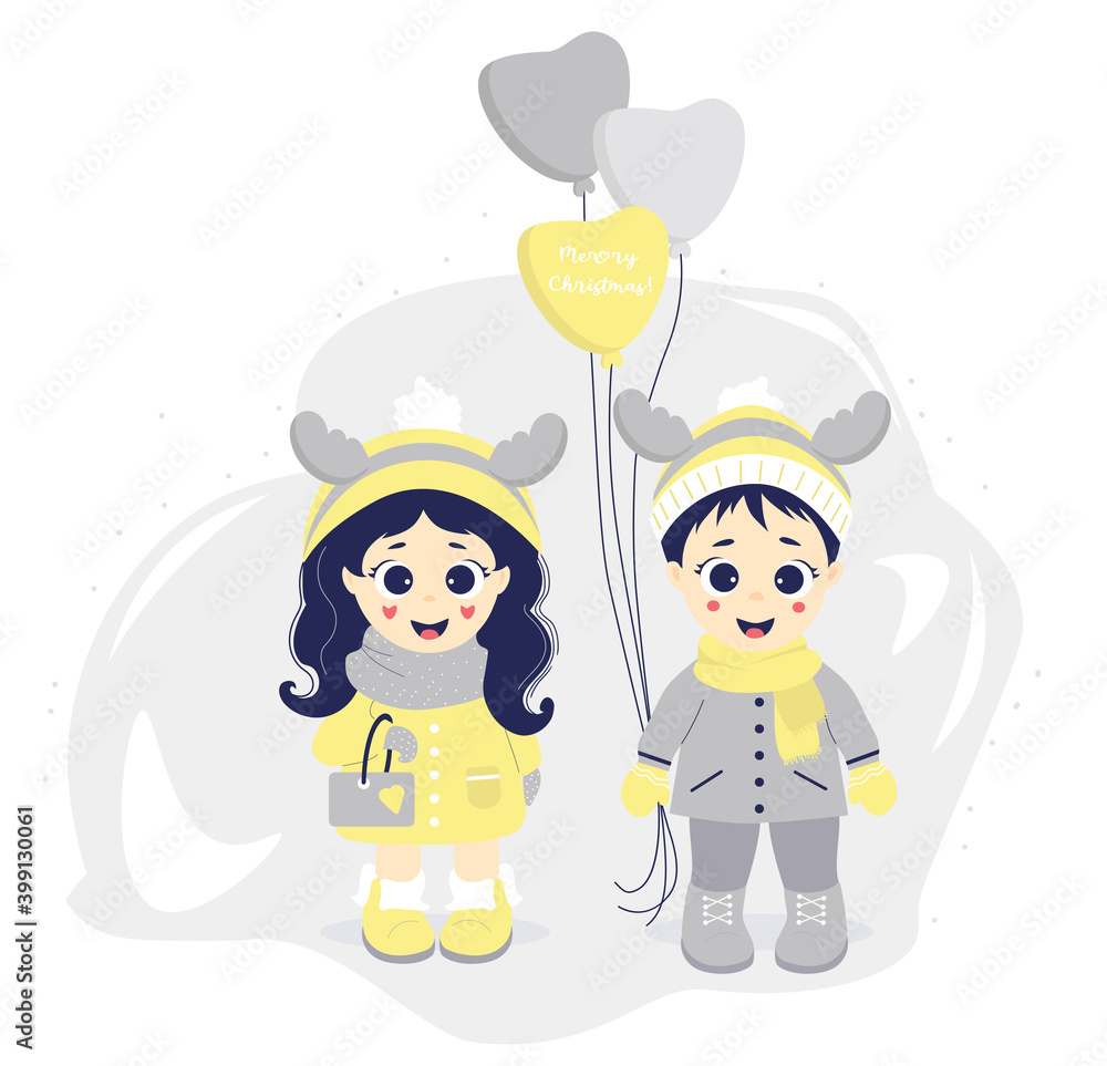kids winter. A pair of children - a boy and a girl with deer horns on their heads and balloons on a gray background. the text of congratulations on the holiday - Merry Christmas. Vector illustration kids winter. A pair of children - a boy and a girl with deer horns on their heads and balloons on a gray background. the text of congratulations on the holiday - Merry Christmas. Vector illustration