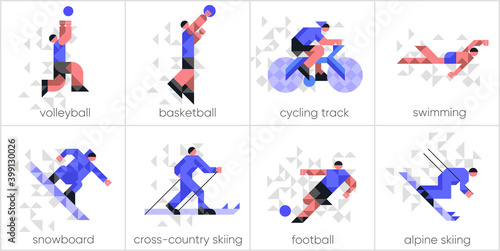 Vector illustration. Set of icons, sports and activities. Abstract, background patterns, triangular mosaics, stylized polygonal images, geometric backgrounds, large width.