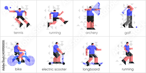 Set of icons, sports and activities. Vector illustration. Abstract, background patterns, triangular mosaics, stylized polygonal images, geometric backgrounds, large width.