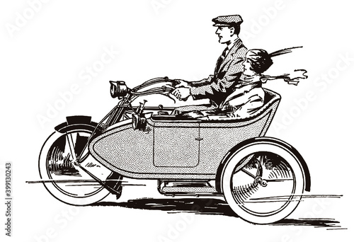 Man and woman from early 20th century riding vintage motorcycle with sidecar, in side view