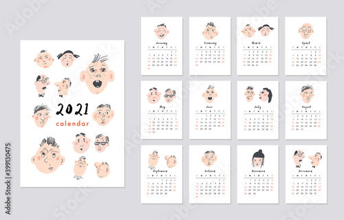 Calendar 2021. Cute printable creative template with funny faces. Vector