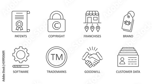 Vector icons of intangible assets. Editable stroke. Business set symbols patents copyright franchises goodwill trademarks brand names self-developed software licenses. Isolated on a white background photo