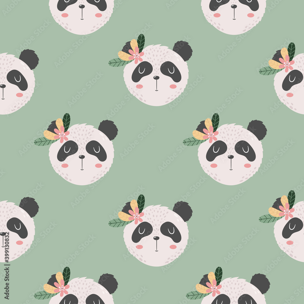 Seamless pattern with cute adorable Hand drawn Panda and flowers. Kids, baby vector illustration. Creative wild animal childish pattern for fabrics, textile, wrapping, background.
Seamless pattern with cute adorable Hand drawn Panda and flowers. Kids, baby vector illustration. Creative wild animal childish pattern for fabrics, textile, wrapping, background.