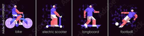 Vector illustration. A set of sports icons with people. Bike, scooter, longboard, soccer player.Abstract, background patterns, triangular mosaics, stylized polygonal images, geometric backgrounds.