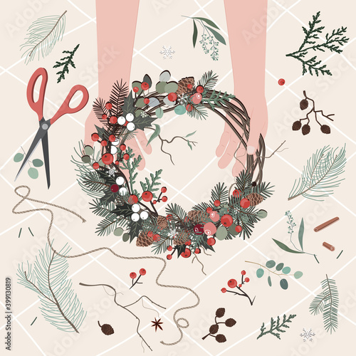 Top view of florist hands making Christmas wreath with fir branches and decorative floral branches and berries. Vector illustration