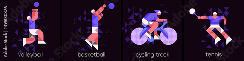 Vector illustration. A set of icons, sports and activities. Volleyball, basketball, Cycling, tennis.Abstract, background patterns, triangular mosaics, stylized polygonal images, geometric backgrounds.
