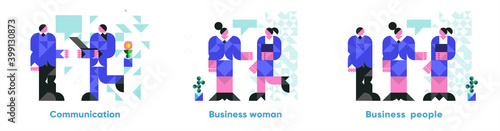 Vector illustration. Icons, business people, communications, businesswomen. Abstract, background patterns, triangular mosaics, stylized polygonal images, geometric backgrounds, large width.