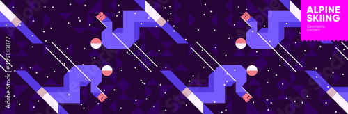 Vector illustration. Pattern of skiers, downhill skiing. Abstract, background patterns, triangular mosaics, stylized polygonal images, geometric backgrounds, large width.