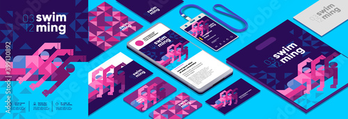 Vector illustration. Branding, corporate identity for swimming competitions. Abstract, background patterns, triangular mosaics, stylized polygonal images, geometric backgrounds, large width.