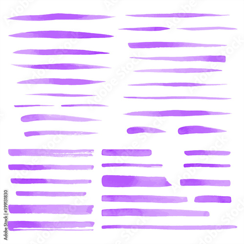 Lilac, violet, purple vector watercolor brush strokes set. Lines, stripes, underlines, doodle streaks, gradient smears. Hand drawn design elements collection, text backgrounds with watercolour stains.