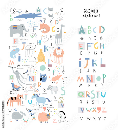 Основные RGBCute zoo alphabet with funny animals in vector . Letters. Learn to read. Isolated.