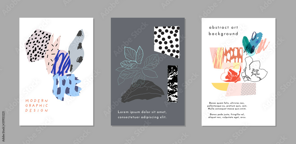 Fototapeta Collection of creative universal floral artistic cards. Trendy Graphic Design for banner, poster, card, cover, invitation, placard, brochure, flyer. Vector