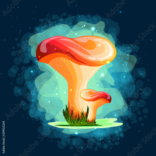 Mushrooms. Milk mushrooms. Magic drawings with mushrooms. Against a dark background with uman and fire flashers. A beautiful, mysterious sticker. Modern colors and lines.