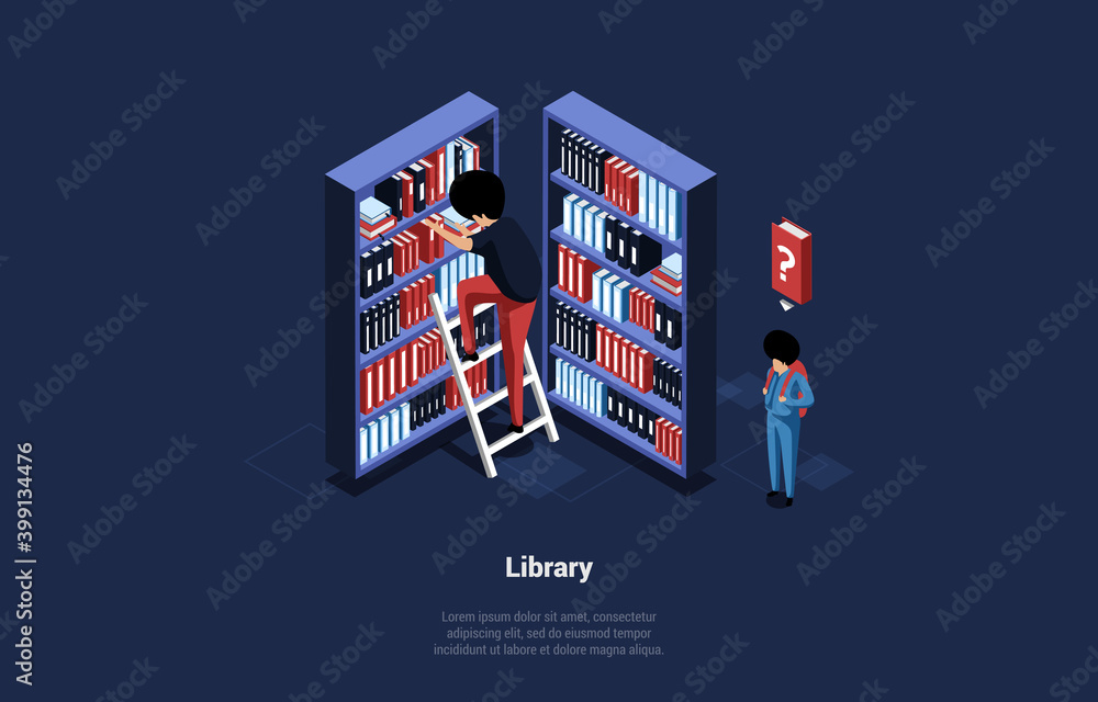 Isometric Vector Illustration Of Library With Bookshelves And Two Characters. Cartoon 3D Style Composition Of Learning And Knowledge Getting Concept. People Standing Near Bookcases. Ladder, Book Icon Isometric Vector Illustration Of Library With Bookshelves And Two Characters. Cartoon 3D Style Composition Of Learning And Knowledge Getting Concept. People Standing Near Bookcases. Ladder, Book Icon