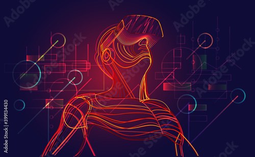 Excited man wearing virtual reality headset. Abstract vr world with digital interface on background. Vector illustration