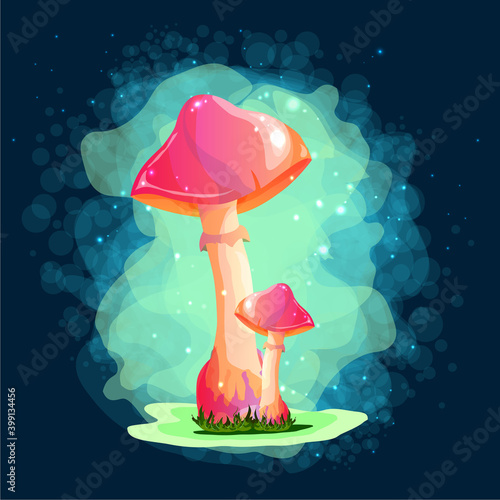 Mushrooms. Magic drawings with mushrooms. Against a dark background with uman and fire flashers. A beautiful, mysterious sticker. For print and web pages.