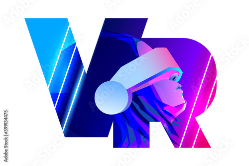 VR letters logo. Woman wearing virtual or augmented reality glasses on abstract neon background. Vector illustration