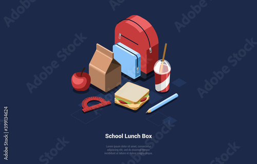 Illustration Of School Lunch Box Food Isometric Vector Set. 3D Cartoon Composition On Dark Background With Items And Text. Backpack, Paper Bag, Apple, Ruler, Sandwich, Pencil And Beverage In Glass