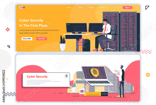 Cyber security landing pages set. Cybersecurity assistance and management corporate website. Flat vector illustration with people characters. Web concept use as header, footer or middle content.