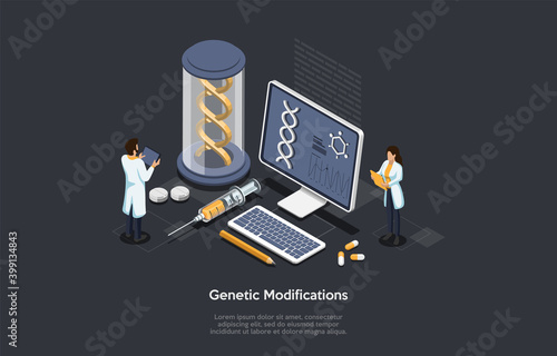 Genetic Modifications Concept Vector Illustration In Cartoon 3D Style. Isometric Composition On Dark Background With Science Related Items And Two Characters In White Robes. Researching Laboratory