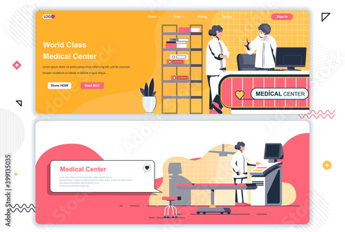 Medical center landing pages. Online consultation, diagnosis and treatment corporate website. Flat vector illustration with people characters. Web concept use as header, footer or middle content.